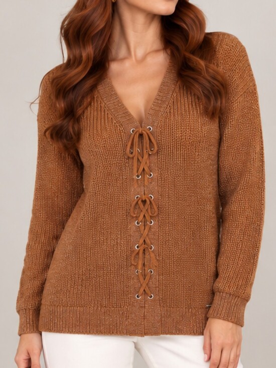 Guess Sweaters - Guess Knit Sweater Women S Burnt Orange Pullover Lace Up